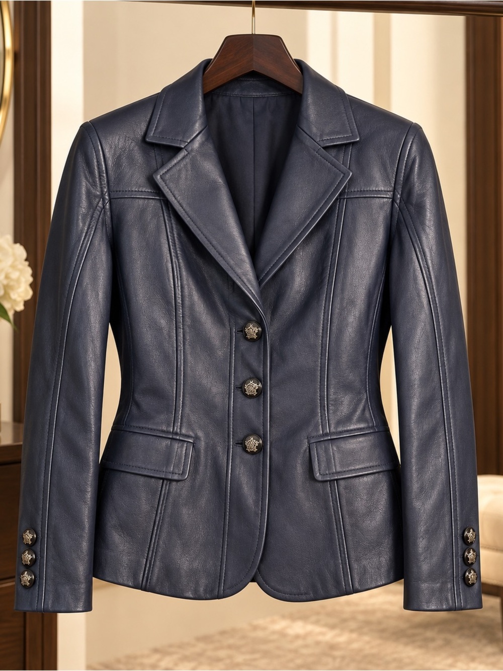 Etcetera Navy Genuine Leather Blazer Gold Crest Buttons Jacket Size 8